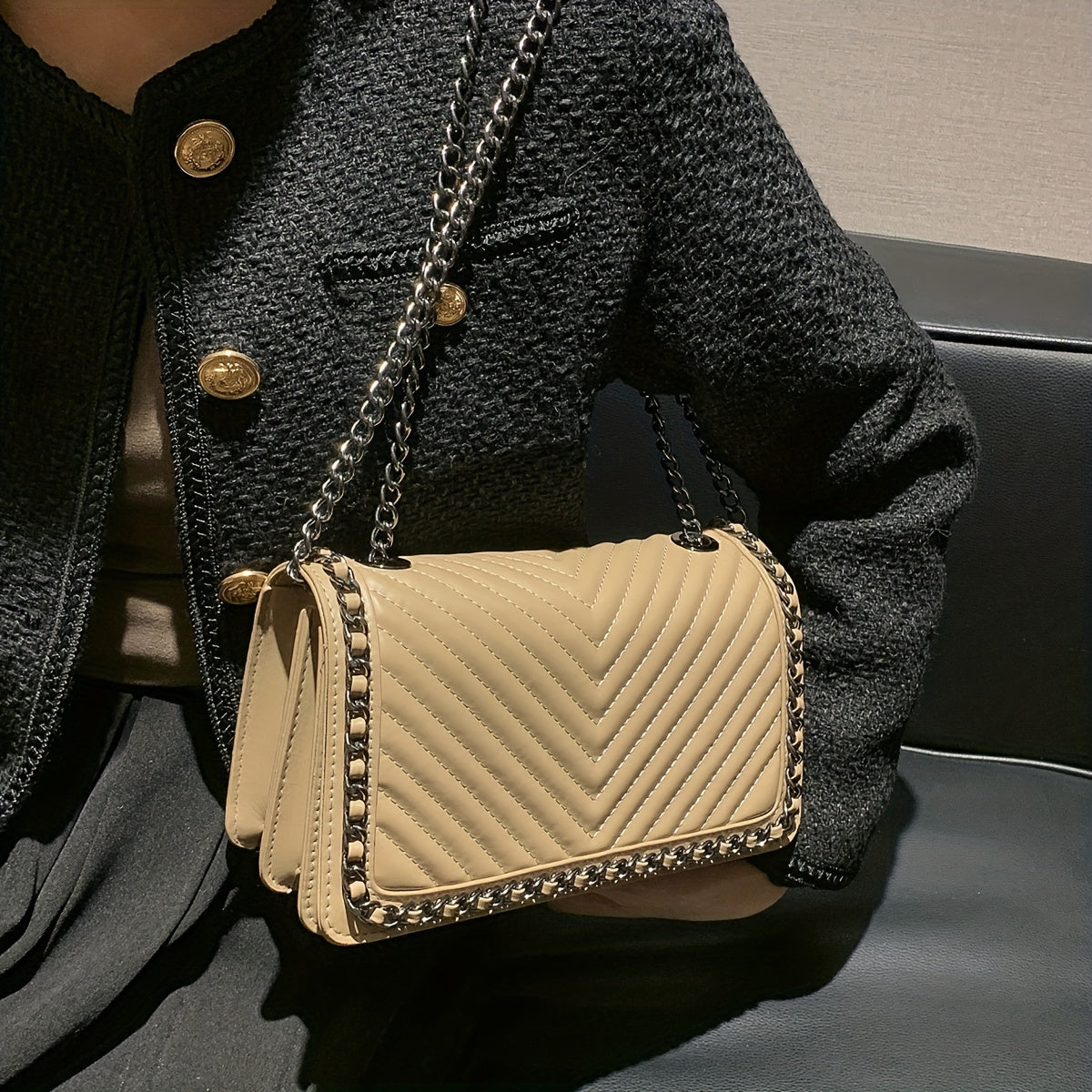 Metal Chain Crossbody Bag, PU Leather Textured Underarm Bag Purse, Classic Versatile Fashion Baguette Bag