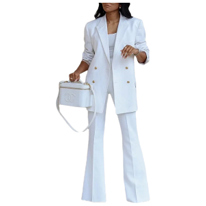BAMBOOBOY Elegant Women Double Breasted Long Sleeve Blazers with Pocket and Flare Pants Suit Matching Two 2 Piece Set Outfits