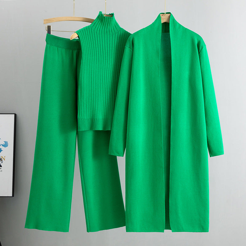 Einfacher Strickanzug Ärmelloser Weste Pullover Strickjacke Hose Dreiteiliges Set