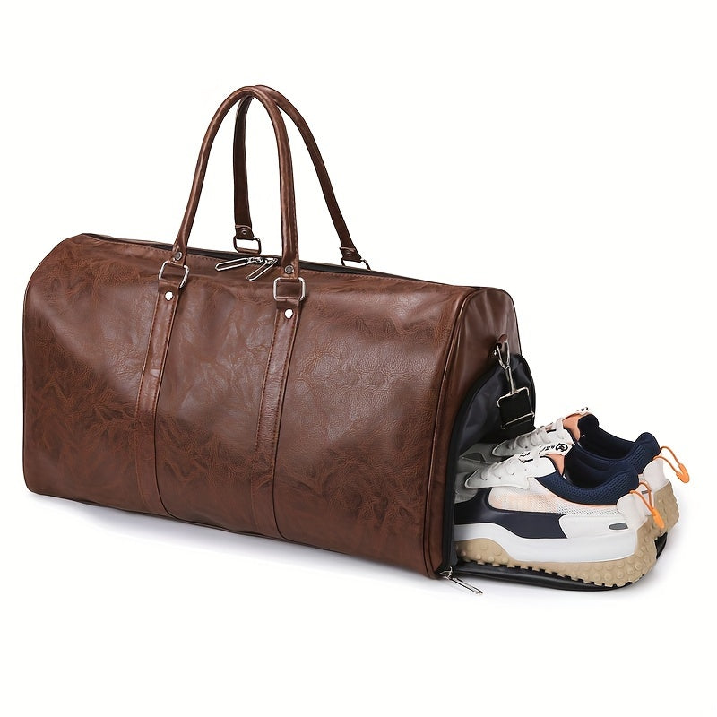 Fashionable Women's Faux Leather Travel Duffel Bag with Shoe Compartment, Large Capacity Gym Tote Handbag, Versatile Solid Color