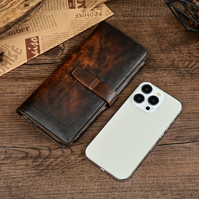 2024 New Vintage Leather Men's Wallet: Distressed Long Wallet with Multiple Card Slots and Snap Button Closure