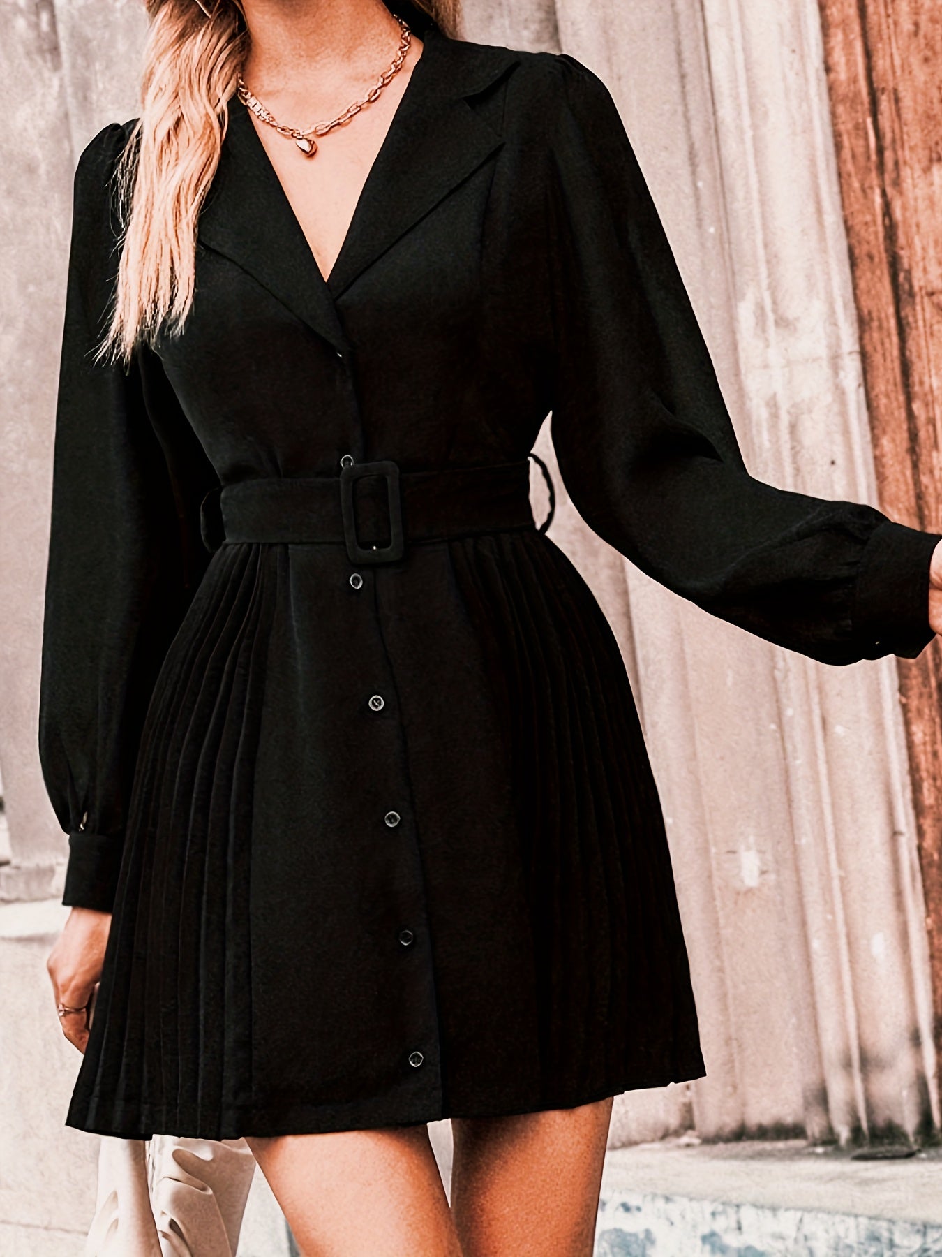 Single Breasted Pleated Belted Dress, Elegant Lantern Sleeve Shawl Collared Aline Dress For Spring & Fall, Women's Clothing