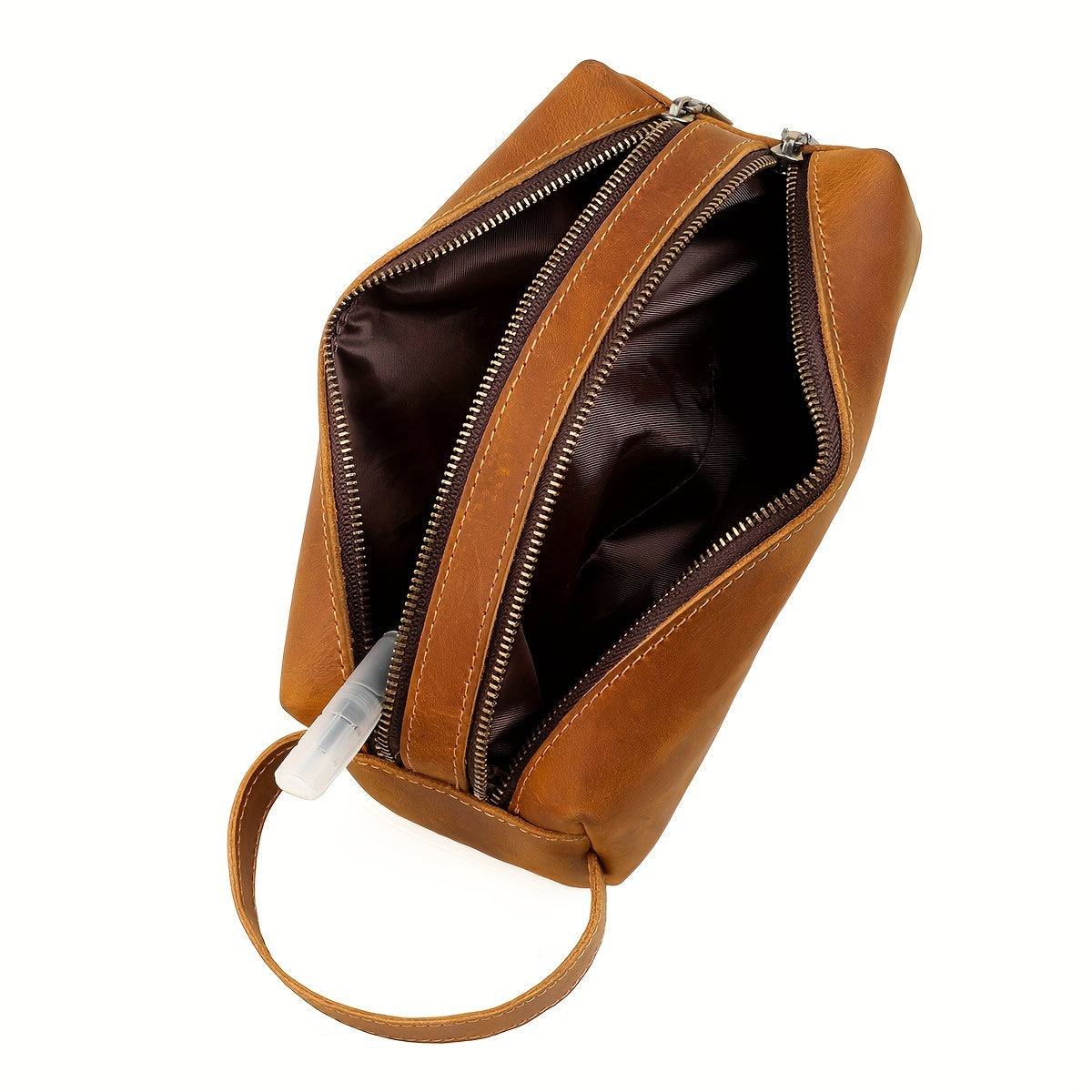 Men's Retro Classic Handbag, Genuine Crazy Horse Leather Double Zipper Storage Bag For Pen, Razor, Brush, Top Layer Cowhide Wrist Bag