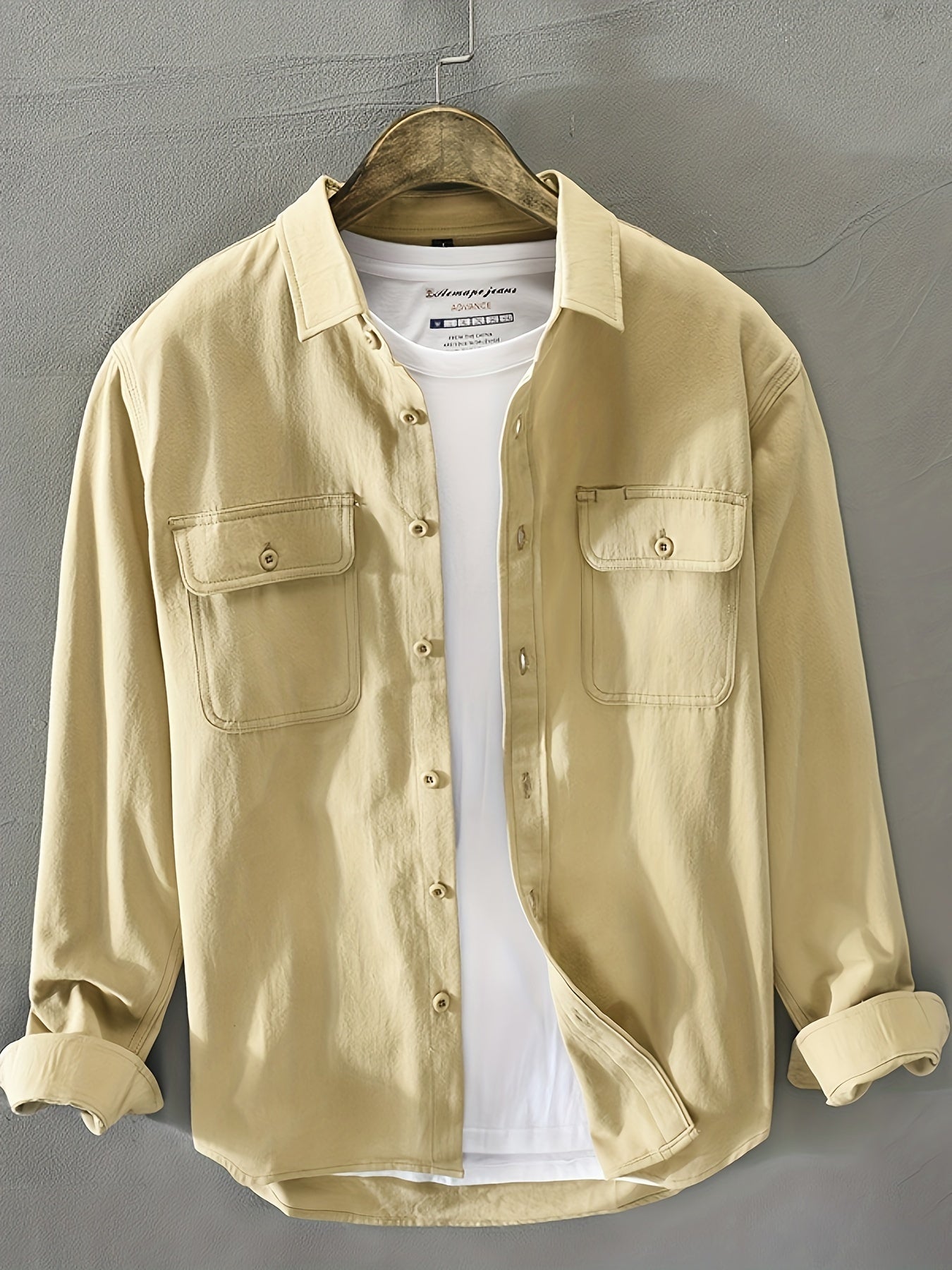 Men's Casual 100% Cotton Button-Down Shirt with Front Pockets - Long Sleeve Solid Color Square Collar Non-Stretch Woven Top for Daily Wear and Weekend Casual, Spring/Fall Collection