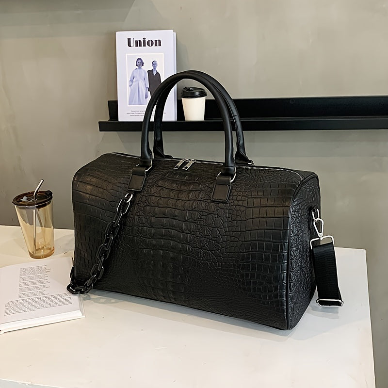 A Black Men's Fashionable Handbag 46CM * 22CM * 26CM Fashionable Crocodile Pattern Retro PU Waterproof And Wear-resistant Collar Bag Is A Men's And Women's Short Distance Travel Outdoor Outing Sports Yoga Holiday Gift